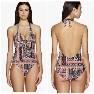 SEAFOLLY Anthropologie *Silk Market* orange lace up maillot one piece swimsuit